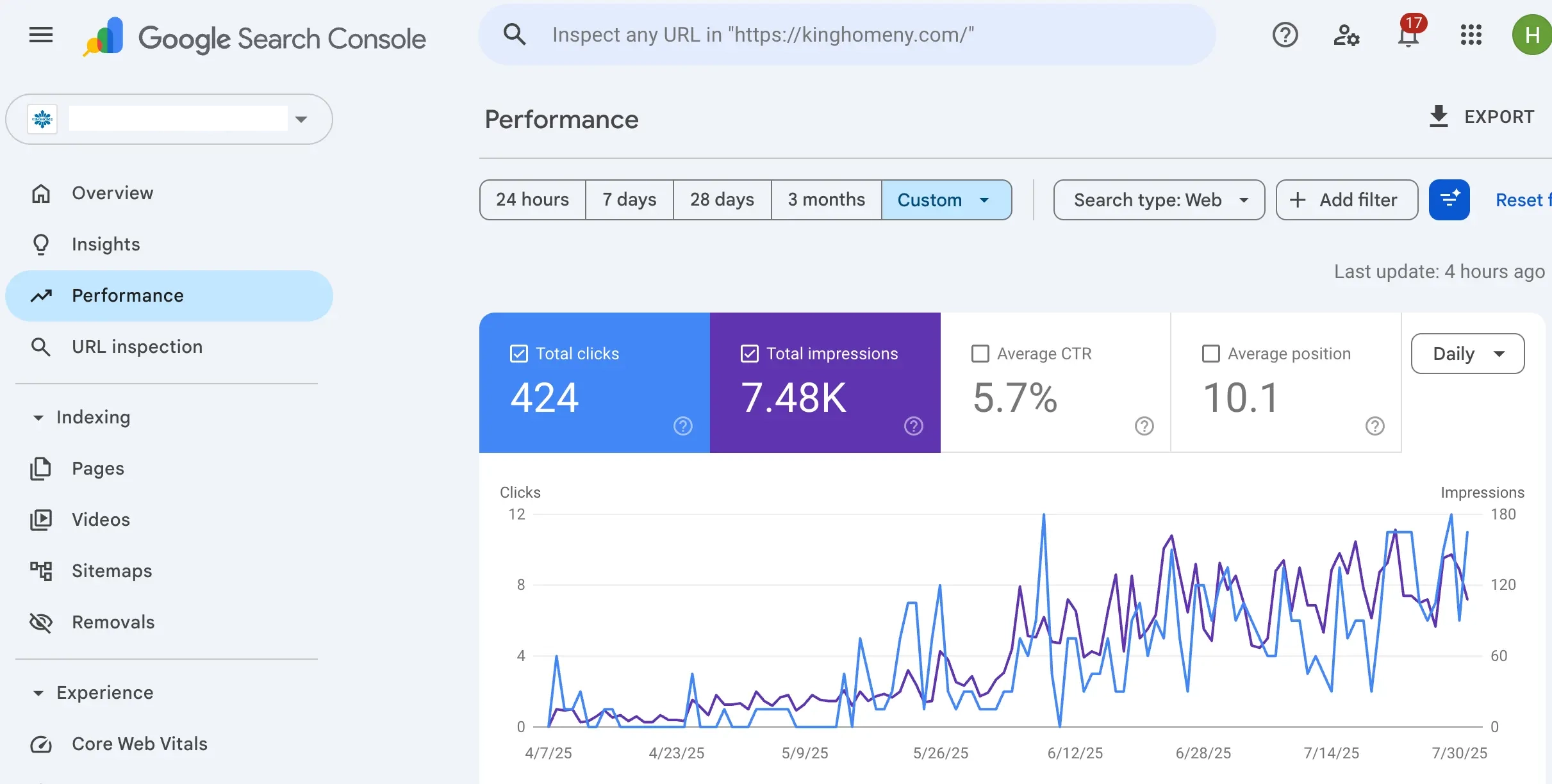 Google Search Console 顯示家居服務客戶的點擊和曝光數據