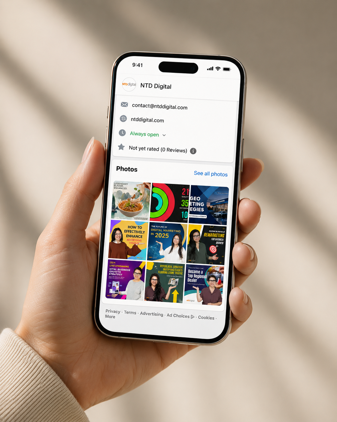 NTD Digital's Facebook business profile and paid social ad creative on a phone